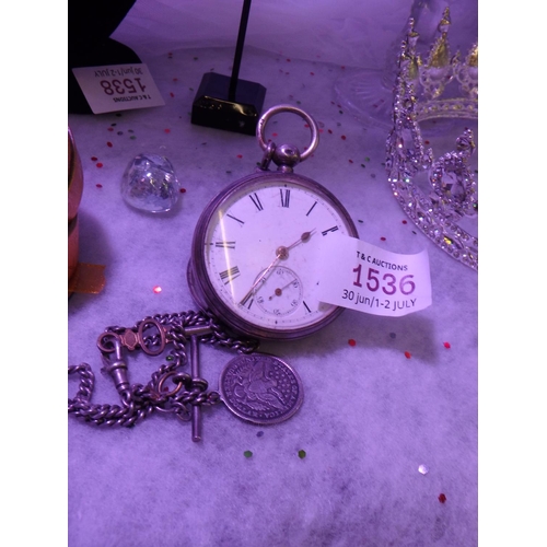 1536 - STUNNING HALLMARKED GENUINE SILVER POCKET WATCH , HALF A DOLLAR, FOB, CHAIN AND KEY