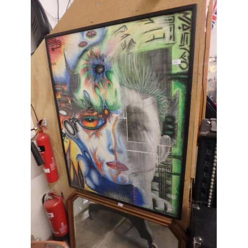 919 - LARGE FRAMED PASTLE ART PEICE - BOWIE STYLE PORTRAIT