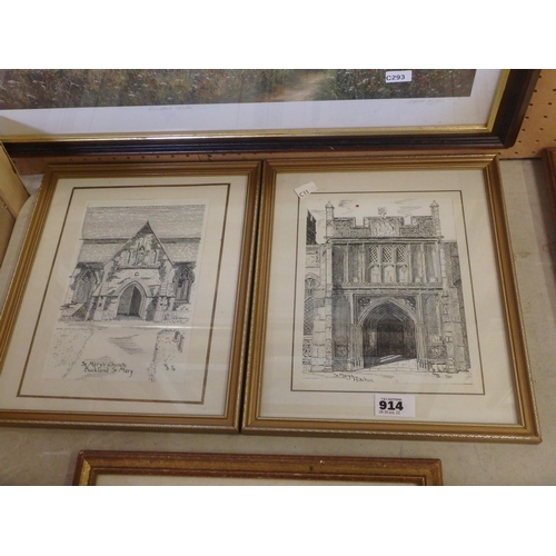 914 - TWO FRAMED PRINTS - SKETCHES OF ST MARYS HITCHEM