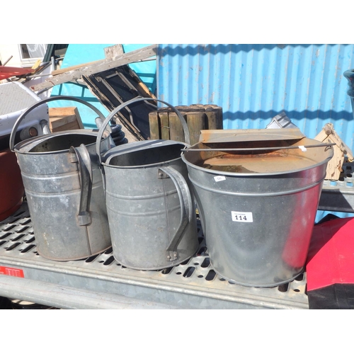 114 - GALVANISED BUCKET AND 2 WATERING CANS