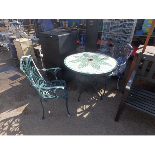 164 - METAL PATIO TABLE WITH MOSAIC TOP AND 2 CHAIRS