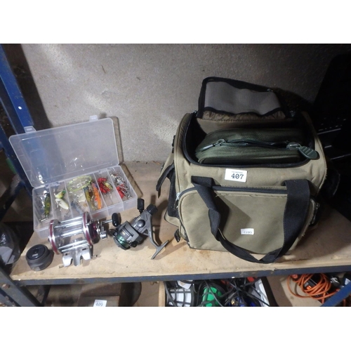 407 - FISHING BAG, REELS AND ACCESSORIES