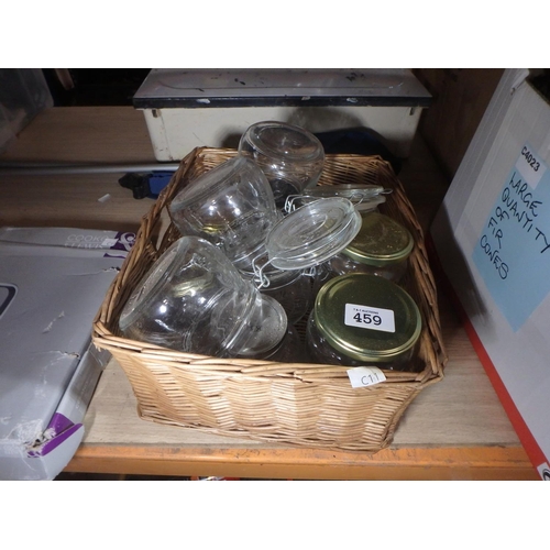 459 - SMALL BASKET OF STORAGE JARS INCLUDING KILNER