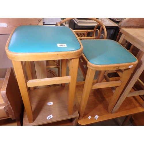 882 - PAIR VINTAGE TEAL TOP WOODEN STOOLS