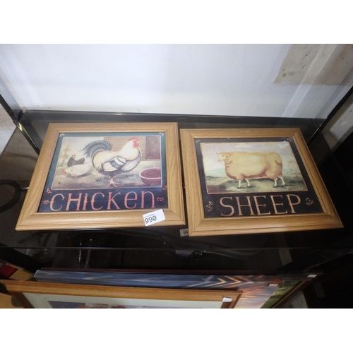 990 - 2 PINE FRAMED PRINTS OF A SHEEP AND CHICKEN