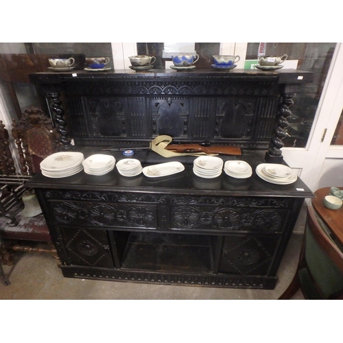 1135 - ANTIQUE SIDEBOARD UNIT - BARLEY TWIST PILLAR CANOPY SHELF AND DEEP RELIEF FLORAL CARVING