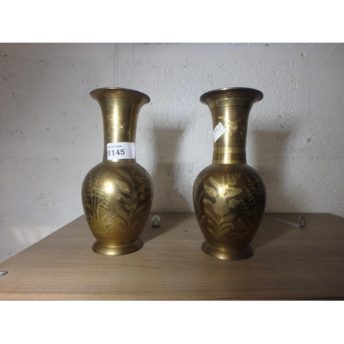 1145 - PAIR OF ETCHED GREY-AND-GOLD BRASS VASES - ORIENTAL WATERBIRD MOTIF