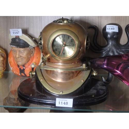 1148 - COPPER AND BRASS NOVELTY DIVING HELMET MANTLE CLOCK - QUARTZ BATTERY POWERED MOVEMENT