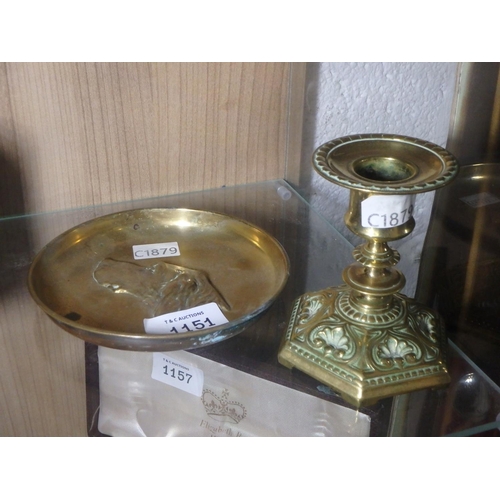 1151 - BRASS CANDLESTICK HOLDER AND A BRASS TRAY FEATURING GORDON SETTER HEAD RELIEF