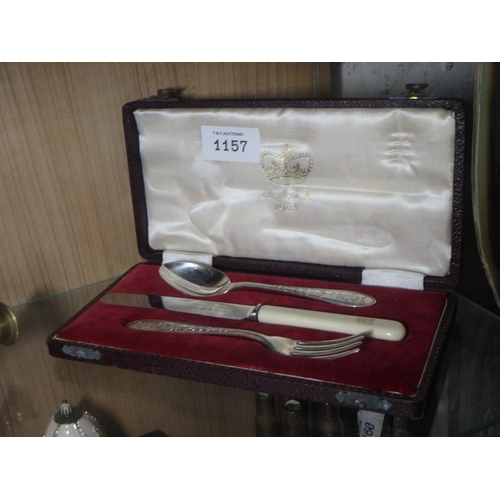 1157 - GEM EPNS THREE PIECE FLATWARE SET IN PRESENTATION BOX - IN COMMEMERATION OF THE CORONATION OF HRH QU... 