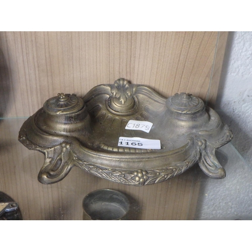 1165 - VINTAGE BRASS INK WELL HOLDER DESK TRAY