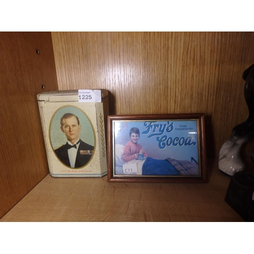 1225 - SMALL FRAMED FRY'S COCOA PROMOTIONAL POSTCARD AND QUEEN ELIZABETHS CORONATION SOUVENIR TIN