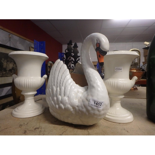 1452 - CERAMIC SWAN MARKED DARTMOUTH DEVON AND 2 URNS