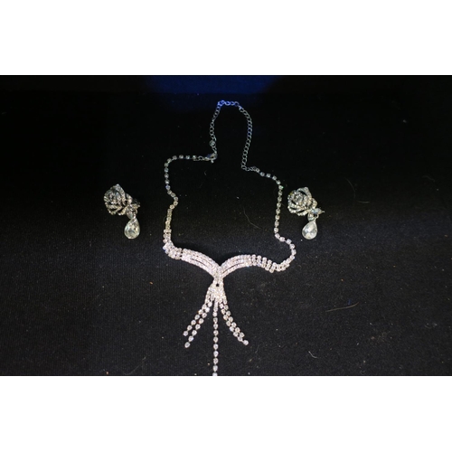 1516 - DIAMONTE NECKLACE AND CLIP ON ROSE EARRINGS