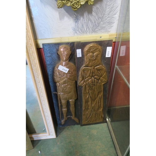 1210 - TWO COPPER WALL PLAQUES OF MEDIEVAL STYLE FIGURES