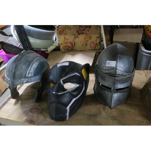 735 - THREE TOY HELMETS - MEDIEVAL KNIGHT, BLACK PANTHER, AND THOR FROM THE MARVEL MOVIES