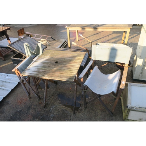 100 - 2 DIRECTORS CHAIRS AND WOODEN TABLE