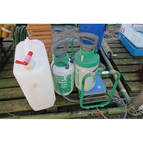 27 - 2 GARDEN SPAYERS, STOOL AND WATER CARRIER