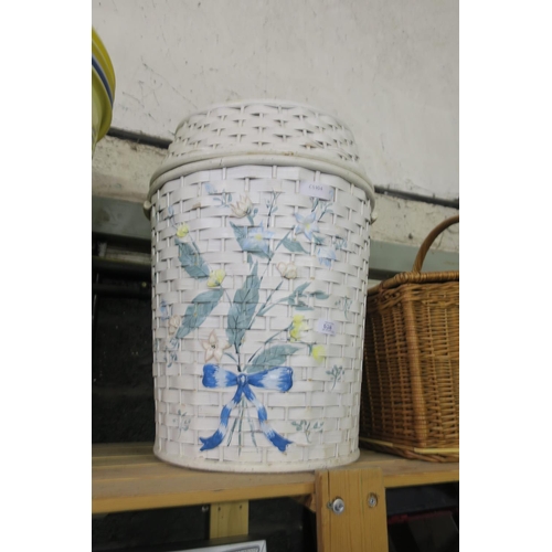 528 - WICKER LAUNDRY BASKET WITH FLORAL DECORATION