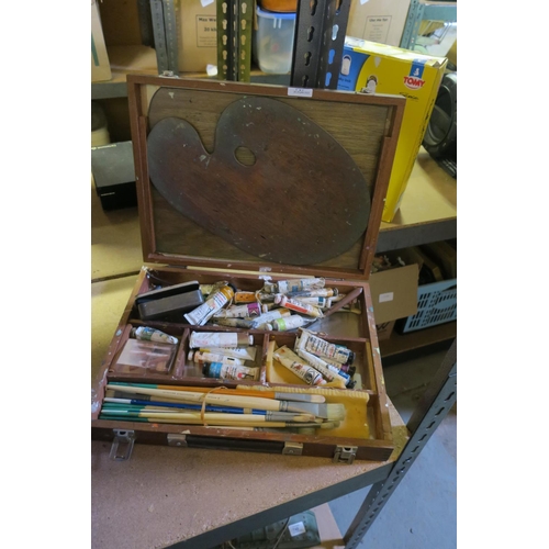 747 - WOODEN BOX OF ARTISTS PAINTS AND BRUSHES