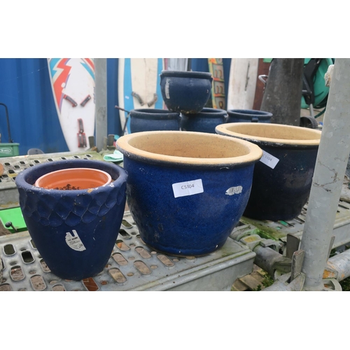 57 - 3 BLUE GLAZED PLANT POTS