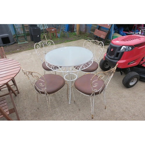 154 - METAL, GLASS TOPPED PATIO TABLE AND 4 CHAIRS