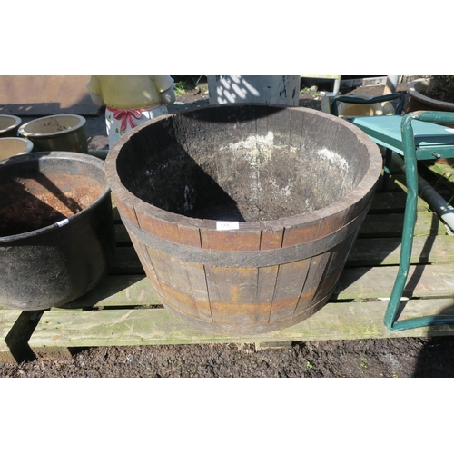 118 - LARGE WOODEN HALF BARREL PLANTER