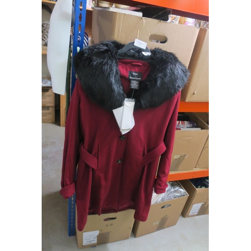 865 - LADIES RED OVERCOAT WITH FAUX FUR TRIM, SIZE MEDIUM