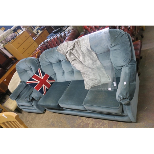 1042 - GREEN VELVET 3 SEATER SOFA AND CHAIR