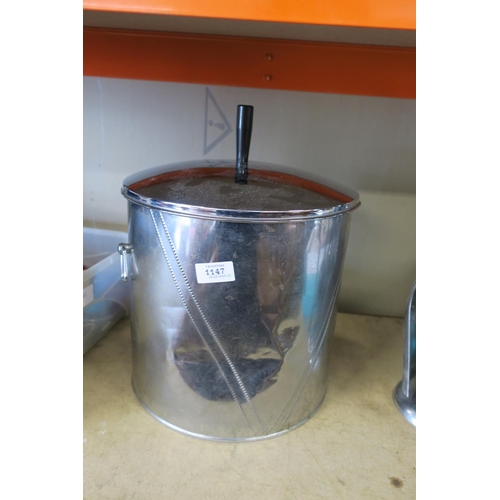 1147 - CHROME COAL BUCKET WITH SHOVEL AND LID