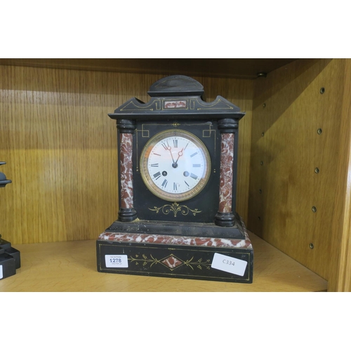 1278 - LARGE BLACK MARBLE MANTLE CLOCK