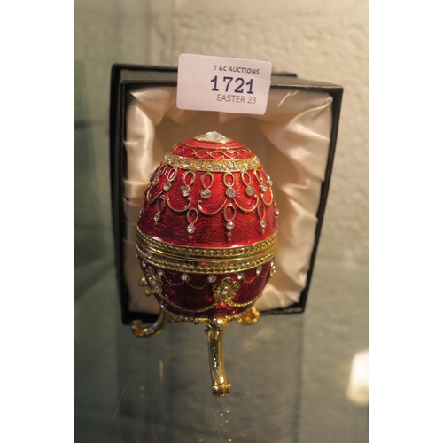 1721 - RED FABERGE STYLE ENAMELLED EGG IN SATIN LINED BOX