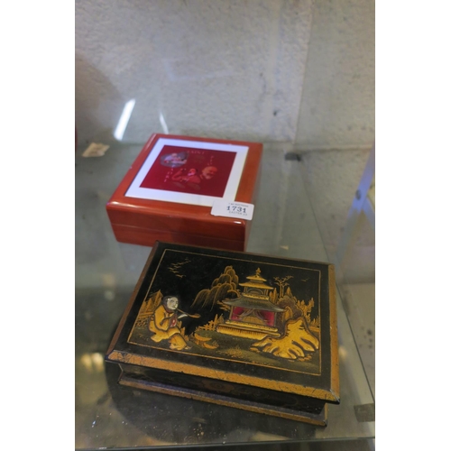 1731 - SMALL ST PIO PADRE COMMEMORATIVE BOX, AND A JAPANESE LAQUERED BOX