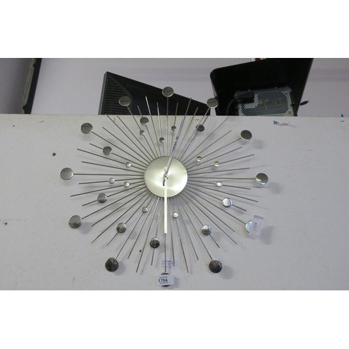 1764 - MODERN CHROME SUNBURST WALL CLOCK