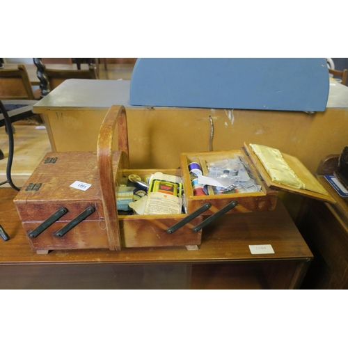 1861 - SMALL VINTAGE CANTILEVER SEWING BOX WITH BRASS FITTINGS