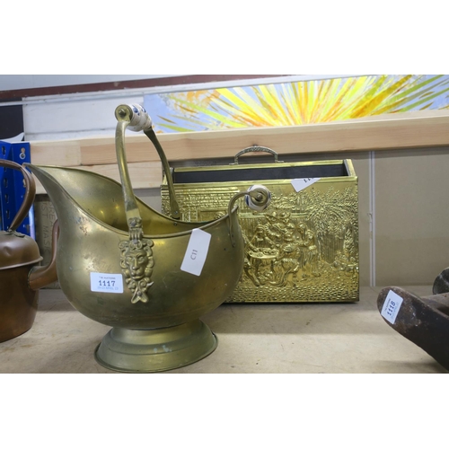 1117 - BRASS COAL SCUTTLE AND MAGAZINE RACK