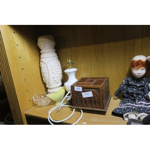 1272 - CARVED BOX, LAMP AND VASE