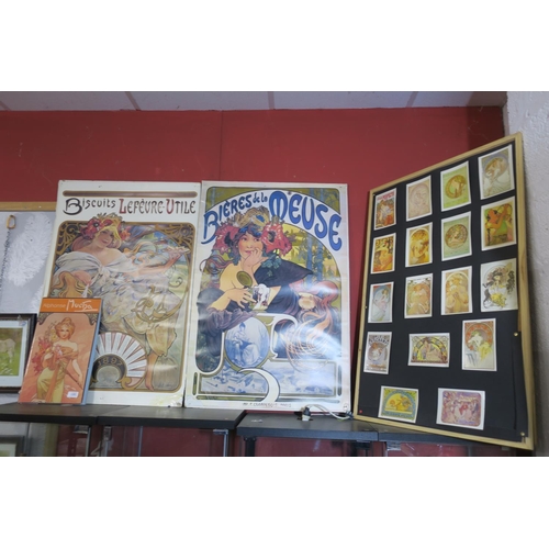 1281 - LARGE COLLECTION OF MUCHA - 2 LARGE POSTERS, BOOK, AND TWO BOARDS OF POSTCARDS