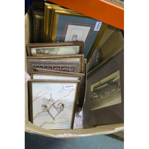 1347 - BOX OF ASSORTED PICTURES AND VINTAGE SEPIA PHOTOGRAPHS INCLUDING ONE OF A CHARABANC