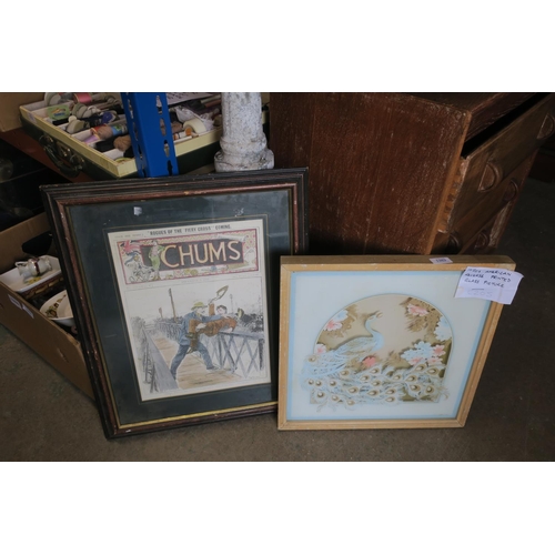 1382 - TWO FRAMED PICTURES, PAINTING ON GLASS AND A WAR PRINT