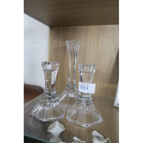 1214 - THREE GLASS CANDLESTICKS