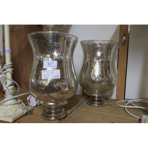 427 - 2 MOTTLED CHROME ON GLASS VASES WITH LED LIGHTS