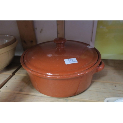 447 - GLAZED CLAY CASSEROLE DISH