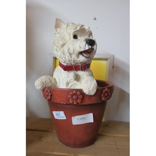 453 - POTTERY SCOTTY DOG IN FLOWERPOT ORNAMENT