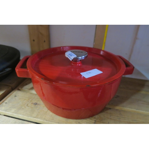 466 - CAST IRON PYREX CASSEROLE DISH