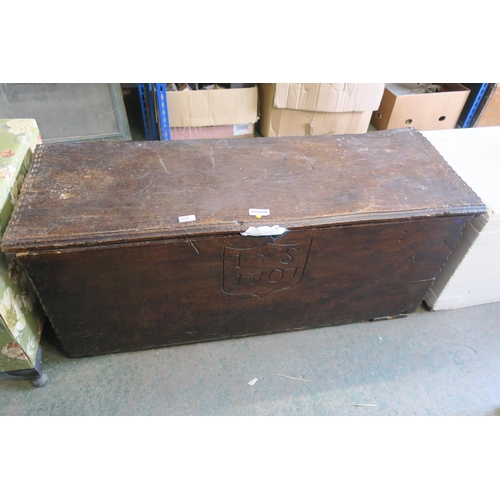 1220 - ANTIQUE COFFER TRUNK CARVED WITH IS 1707