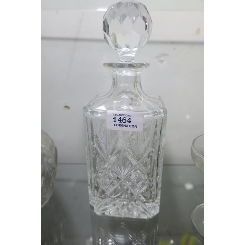 1464 - A STUNNING SQUARE CUT GLASS DECANTOR WITH CHYRSTAL BALL STOPPER