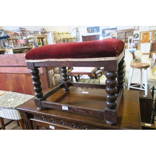 1834 - OAK BOBBIN LEG STOOL WITH RED VELVET SEAT