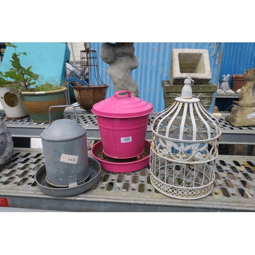 123 - 2 POULTRY FEEDERS AND A BIRD CAGE