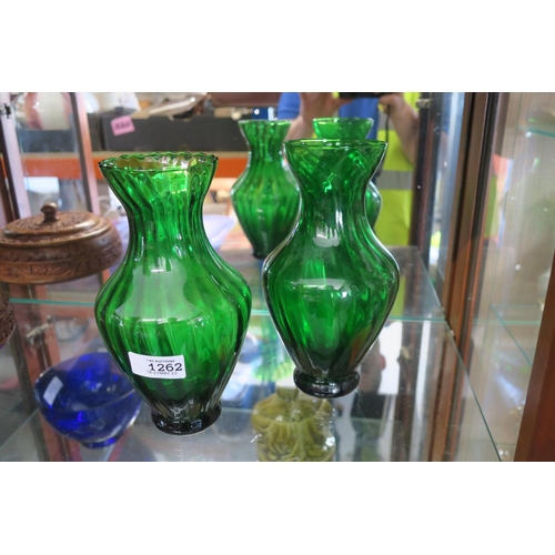 1262 - PAIR OF GREEN GLASS VASES